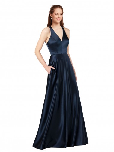 Online Long Satin Prom Dress with Halter Neckline UK
