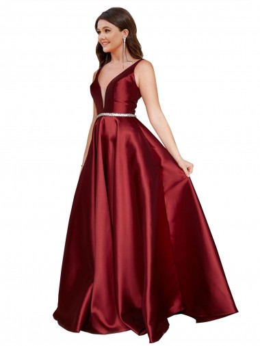 Online Sleeveless Deep V-Neck A-Line Satin Prom Dress with Pockets UK