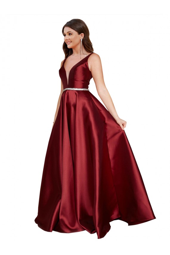 Online Sleeveless Deep V-Neck A-Line Satin Prom Dress with Pockets UK