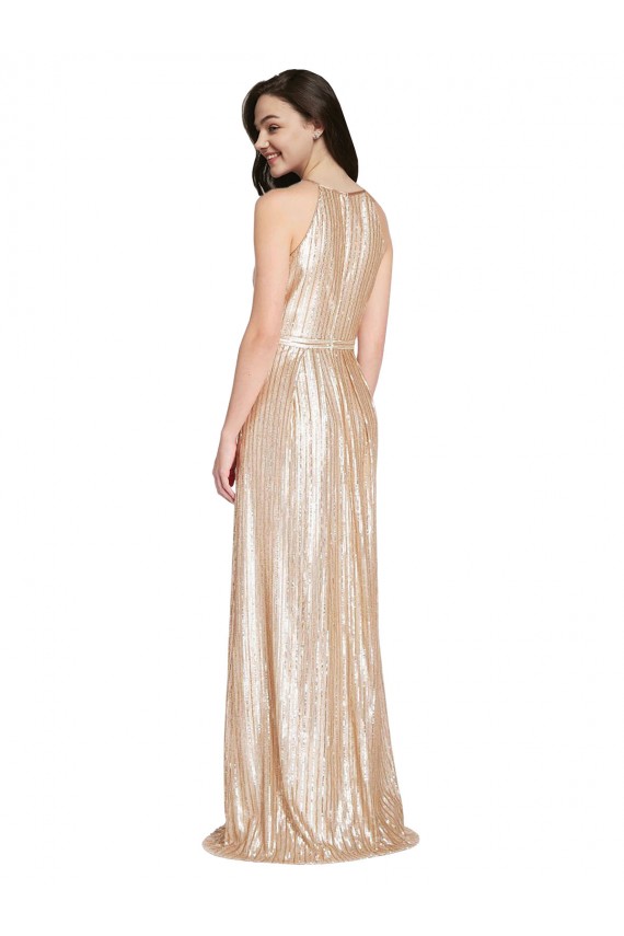 Online Floor Length Halter Neck Sparkling Sequin Prom Dress with Pleats UK