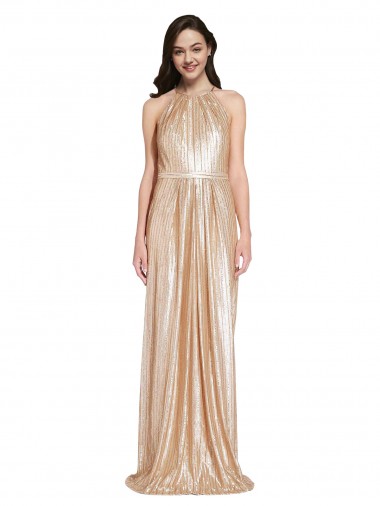Online Floor Length Halter Neck Sparkling Sequin Prom Dress with Pleats UK