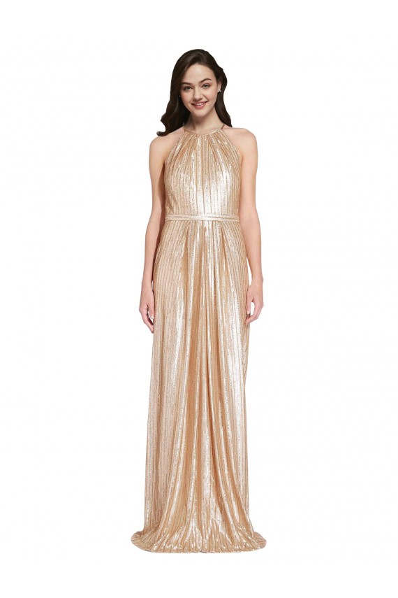 Online Floor Length Halter Neck Sparkling Sequin Prom Dress with Pleats UK