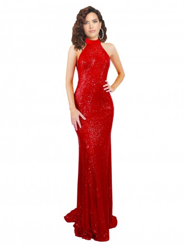 Online Halter High Neck Mermaid Open Back Sequin Prom Dress UK