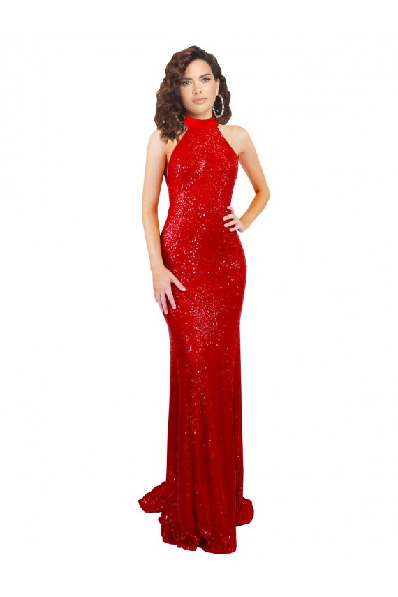 Online Halter High Neck Mermaid Open Back Sequin Prom Dress UK