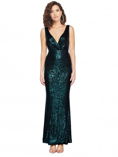 Online V-Neck Full Length Sequin Prom Dress with Draped Back UK
