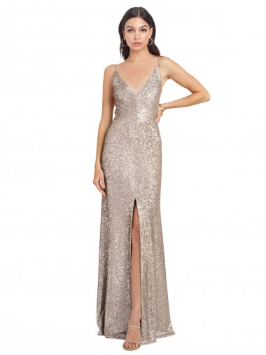 Online V-Neck Fully Sequin Prom Dress with V-Back and Front Slit UK