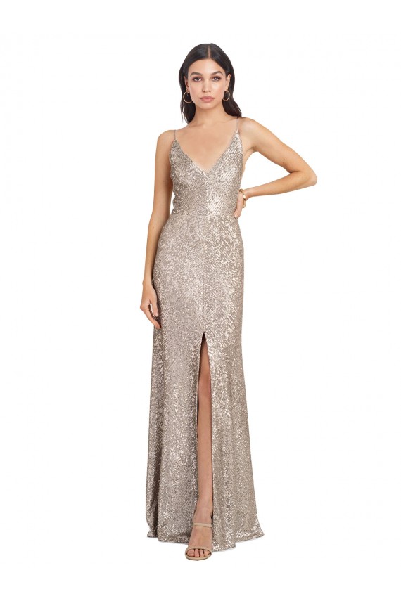 Online V-Neck Fully Sequin Prom Dress with V-Back and Front Slit UK