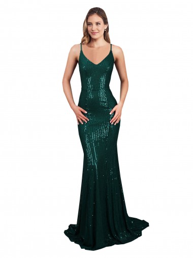 Online Fishtail Shaped V-Neck Open Back Long Sequin Prom Dress UK