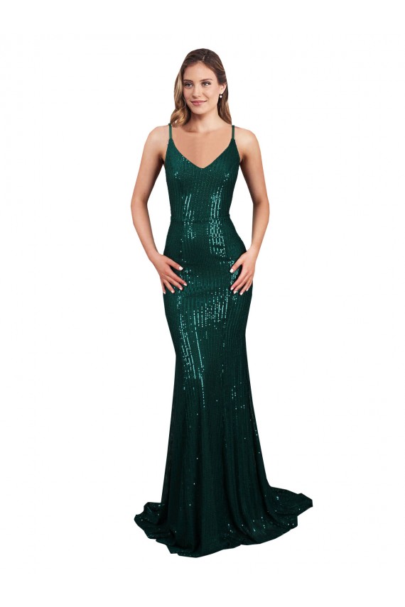 Online Fishtail Shaped V-Neck Open Back Long Sequin Prom Dress UK