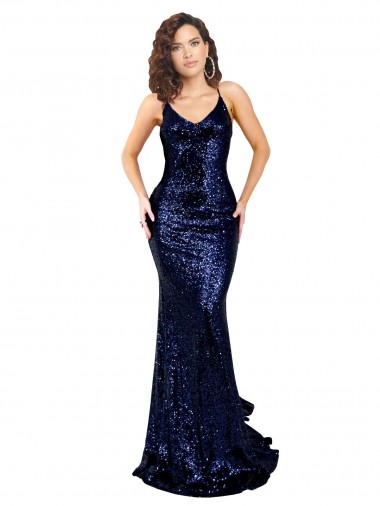 Online Mermaid V-Neck Low Back Long Sequin Prom Dress UK