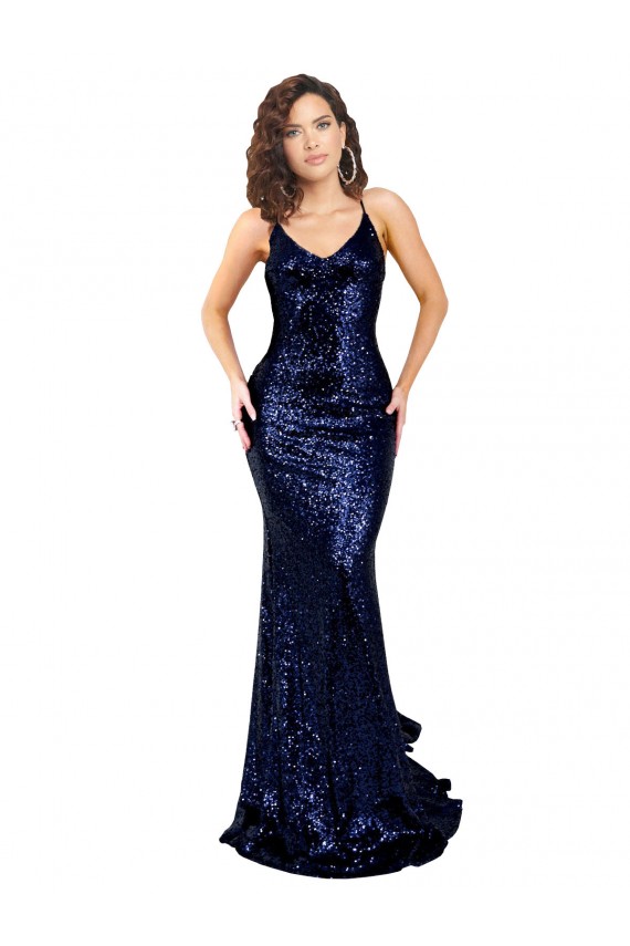 Online Mermaid V-Neck Low Back Long Sequin Prom Dress UK