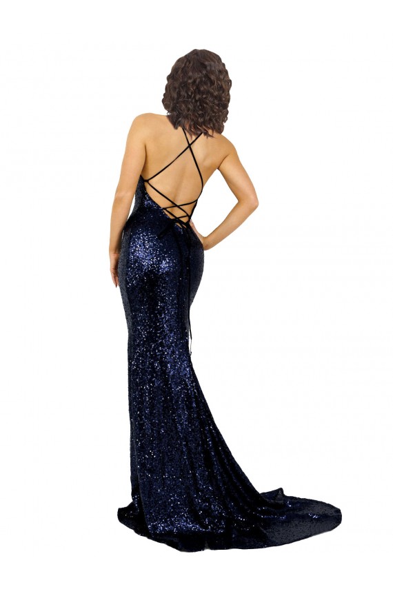 Online Mermaid V-Neck Low Back Long Sequin Prom Dress UK