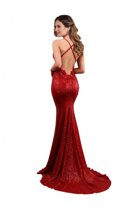Online Low Back Mermaid V-Neck Long Sequin Prom Dress UK