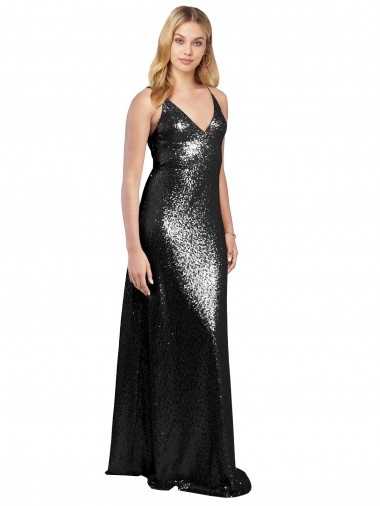 Online Full Length A-Line Sequin Prom Dress with Spaghetti Straps V-Neckline UK