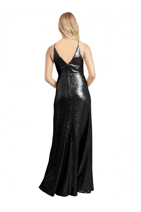 Online Full Length A-Line Sequin Prom Dress with Spaghetti Straps V-Neckline UK