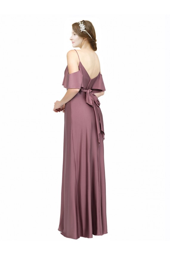 Online Draped Cold Shoulder Sleeves Long Silky Satin Prom Dress with Slit and Tie Back UK