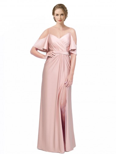 Online Draped Cold Shoulder Sleeves Long Silky Satin Prom Dress with Slit and Tie Back UK