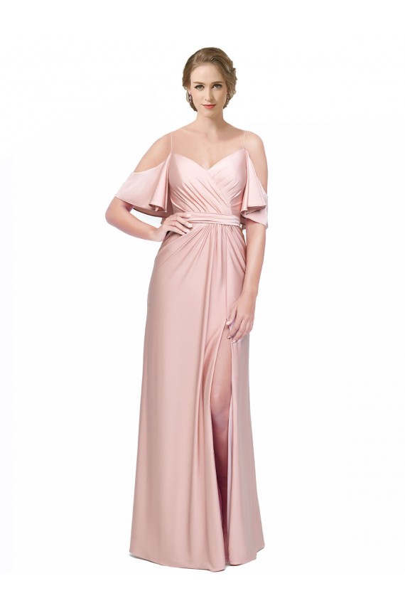 Online Draped Cold Shoulder Sleeves Long Silky Satin Prom Dress with Slit and Tie Back UK