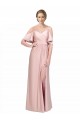 Online Draped Cold Shoulder Sleeves Long Silky Satin Prom Dress with Slit and Tie Back UK