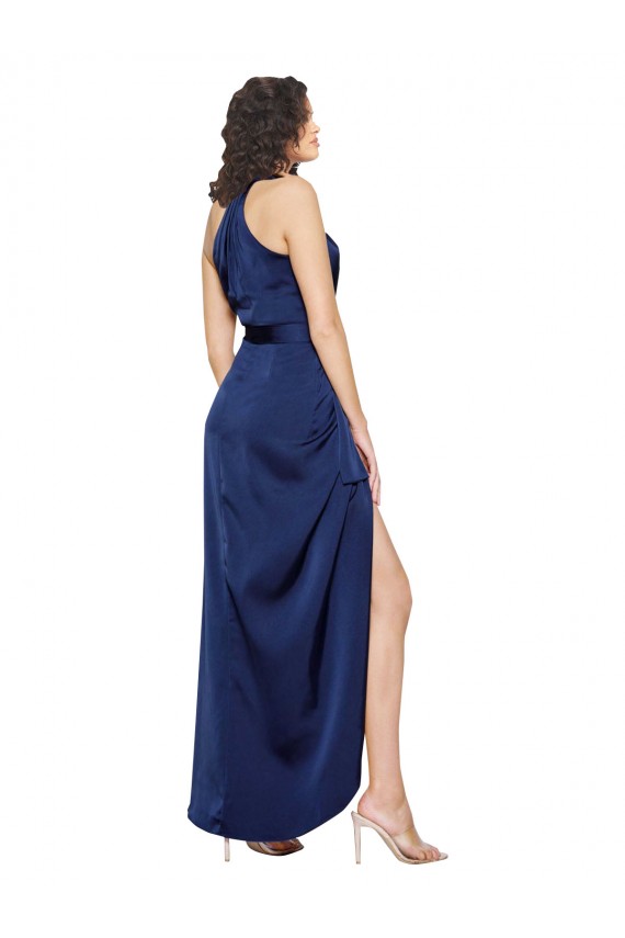 Online Full Length High Neck Wrap Silky Satin Prom Dress with Waist Tie UK