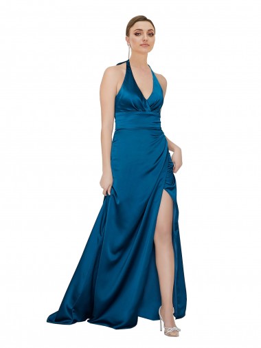 Online Halter Neck Silky Satin Prom Dress UK