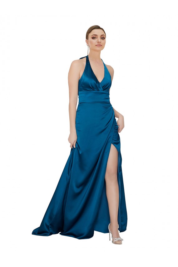 Online Halter Neck Silky Satin Prom Dress UK