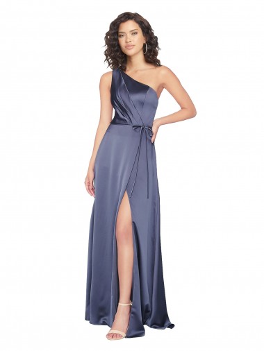 Online Draped Silky Satin Prom Dress with Tied Waist UK
