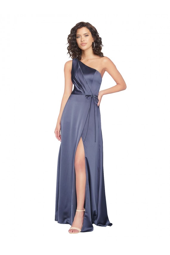 Online Draped Silky Satin Prom Dress with Tied Waist UK
