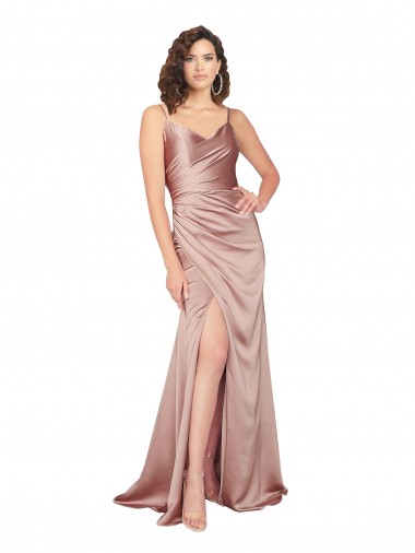 Online Floor Length Silky Satin Prom Dress with Front Skirt Slit UK