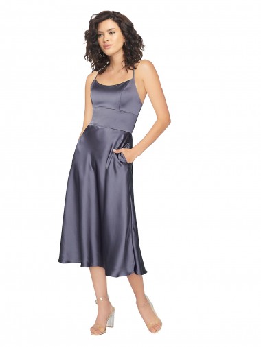 Online Midi Length Silky Satin Cocktail Prom Dress / Homecoming Dress with Open Tied Back UK