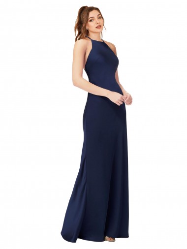 Online High Neck Satin Prom Dress with Strappy Back UK
