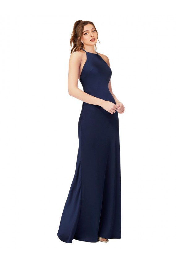 Online High Neck Satin Prom Dress with Strappy Back UK