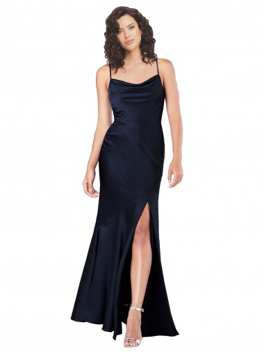 Online Draped Cowl Neck Silky Satin Prom Dress with Skirt Slit UK