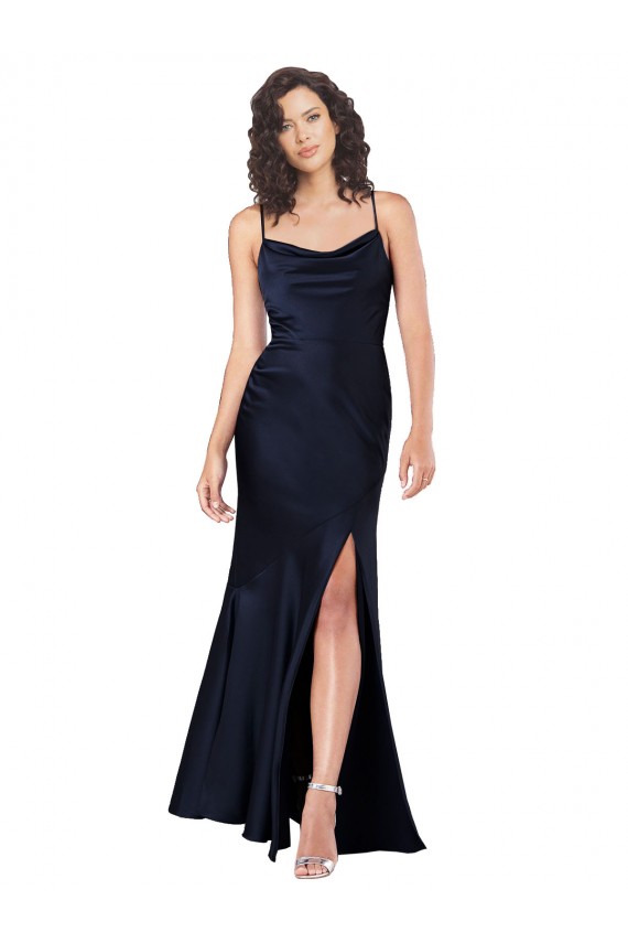 Online Draped Cowl Neck Silky Satin Prom Dress with Skirt Slit UK