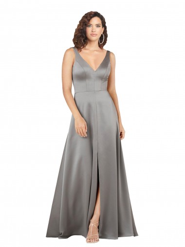 Online Plunging V-Neckline Long A-Line Silky Satin Prom Dress UK