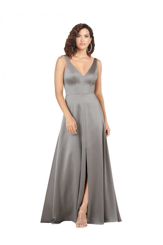 Online Plunging V-Neckline Long A-Line Silky Satin Prom Dress UK