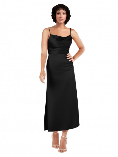 Online Cowl Neck Tea-Length Short Silky Satin Cocktail Prom Dress / Homecoming Dress with Skirt Slit UK