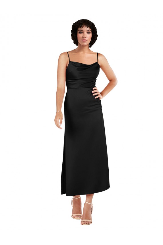 Online Cowl Neck Tea-Length Short Silky Satin Cocktail Prom Dress / Homecoming Dress with Skirt Slit UK