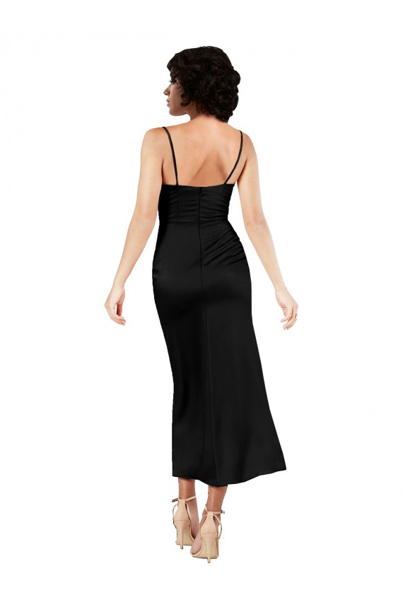 Online Cowl Neck Tea-Length Short Silky Satin Cocktail Prom Dress / Homecoming Dress with Skirt Slit UK