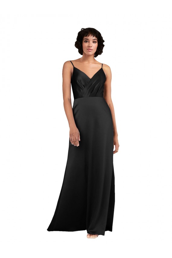 Online Full Length V-Neckline Silky Satin Prom Dress with Spaghetti Straps UK