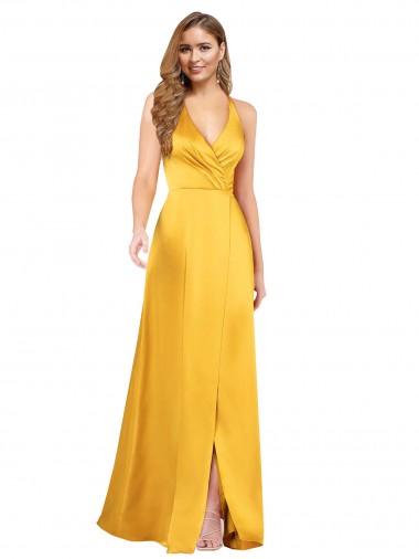 Online Halter A-Line Silky Satin Prom Dress with V-Neckline and Slit UK