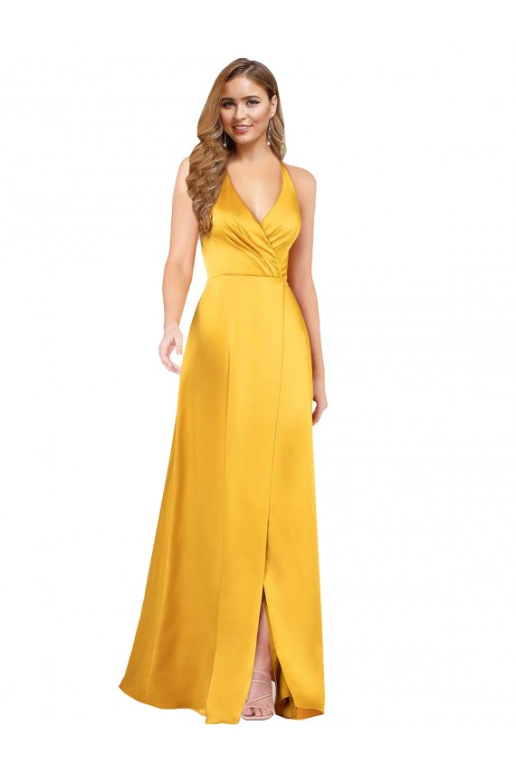 Online Halter A-Line Silky Satin Prom Dress with V-Neckline and Slit UK