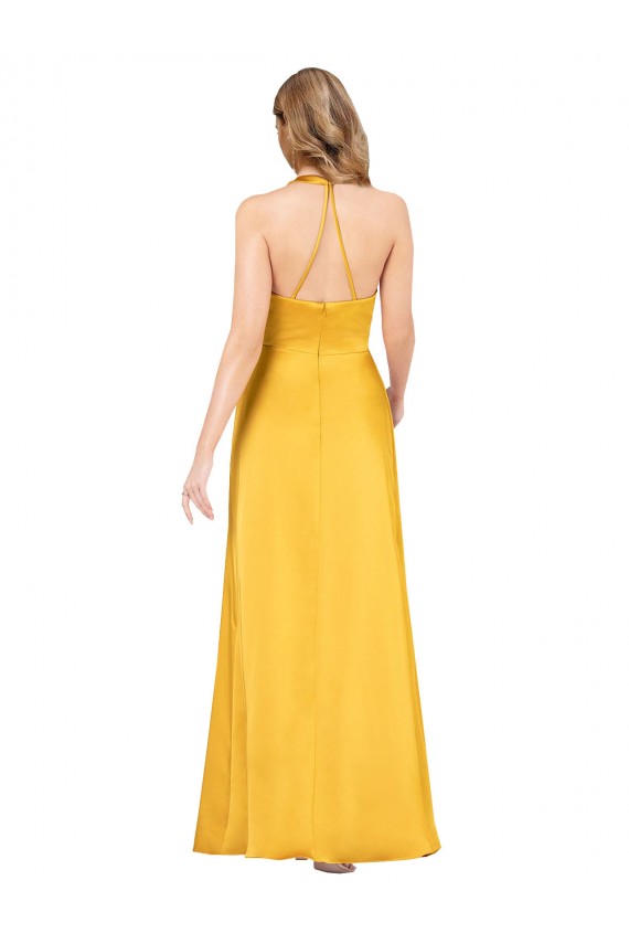 Online Halter A-Line Silky Satin Prom Dress with V-Neckline and Slit UK