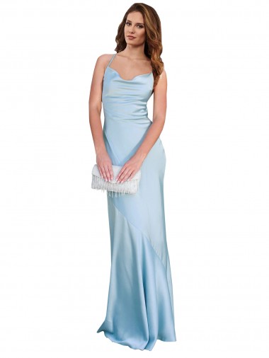 Online Open Back with Ties Cowl Neck Sheath Silky Satin Long Bridessmaid Dress UK