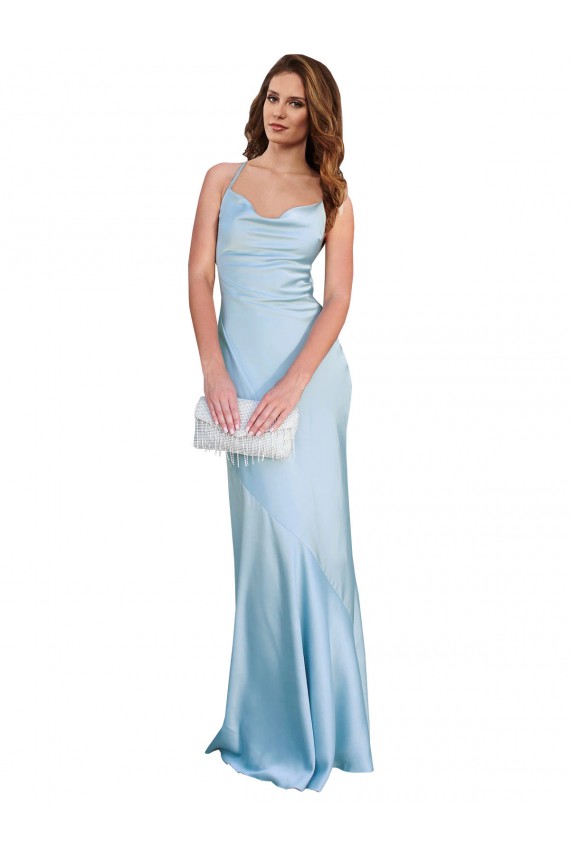 Online Open Back with Ties Cowl Neck Sheath Silky Satin Long Bridessmaid Dress UK