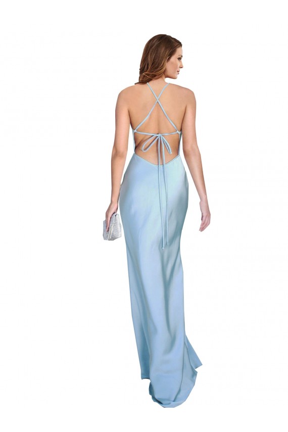 Online Open Back with Ties Cowl Neck Sheath Silky Satin Long Bridessmaid Dress UK