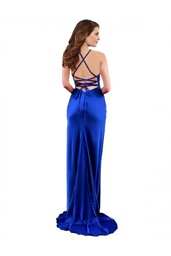Online Open Back Cowl Neck Long Silky Satin Prom Dress UK