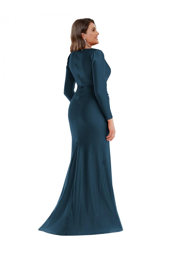 Online Long Sleeves Draped Wrap Silky Satin Mermaid Prom Dress with Front Slit UK