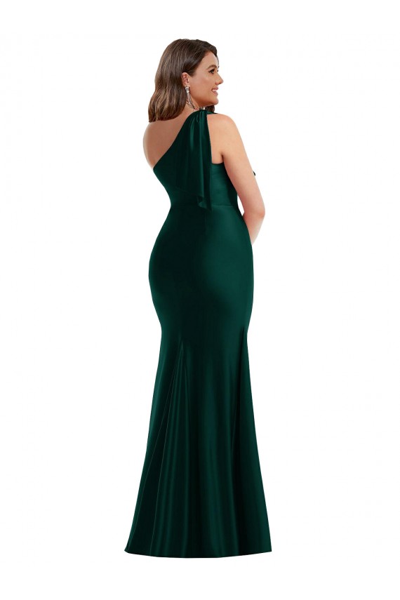 Online Cascading Bow One Shoulder Silky Satin Mermaid Prom Dress with Front Slit UK