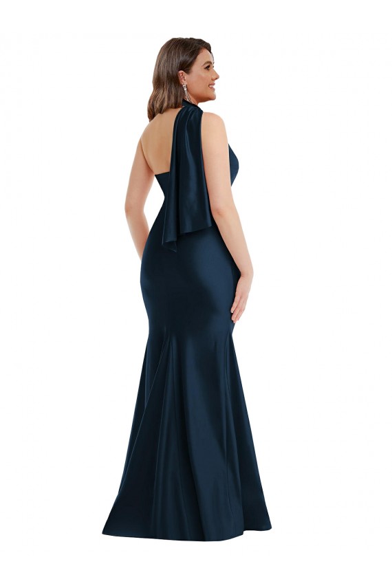 Online Scarf Neck One Shoulder Silky Satin Mermaid Prom Dress with Front Slit UK